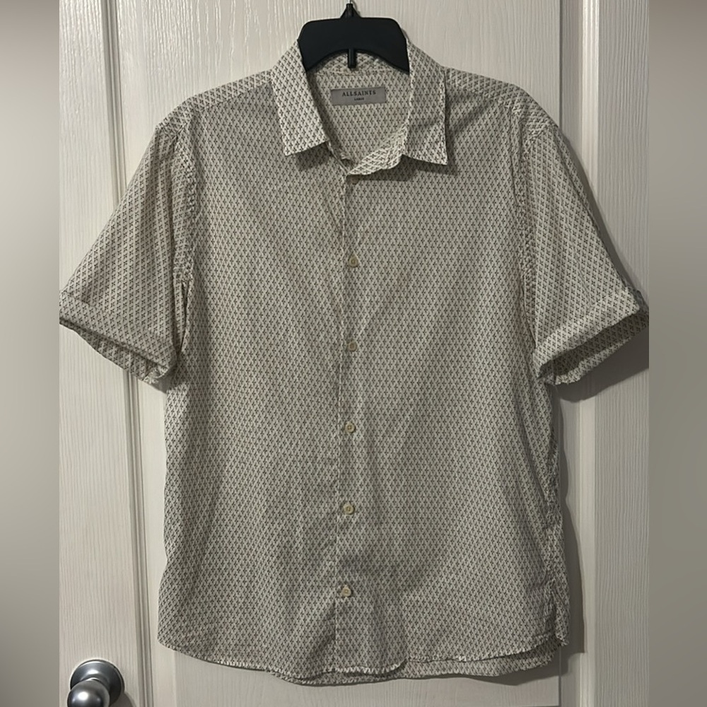 All Saints White Short Sleeve Button-Down with Black Microprint